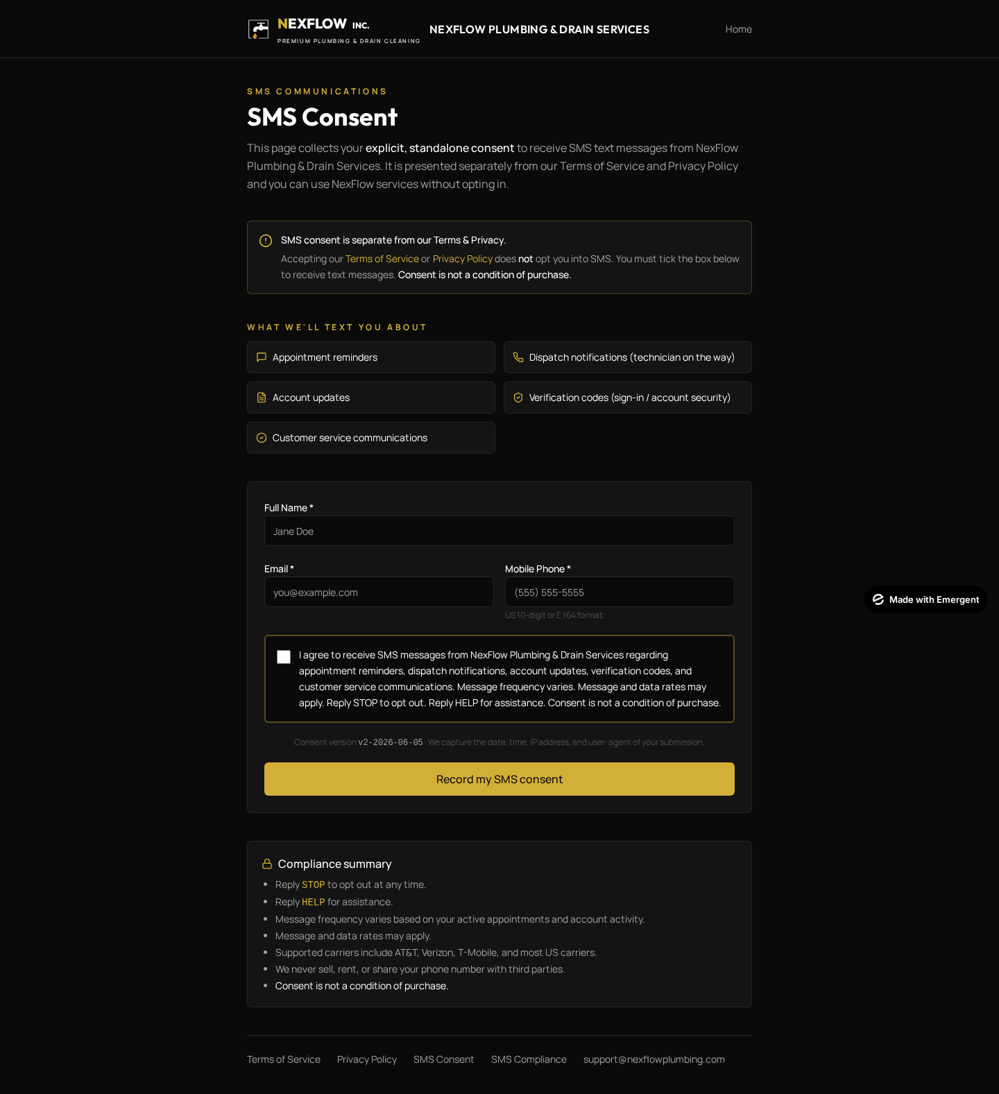 1. Dedicated SMS consent page (/sms-consent)