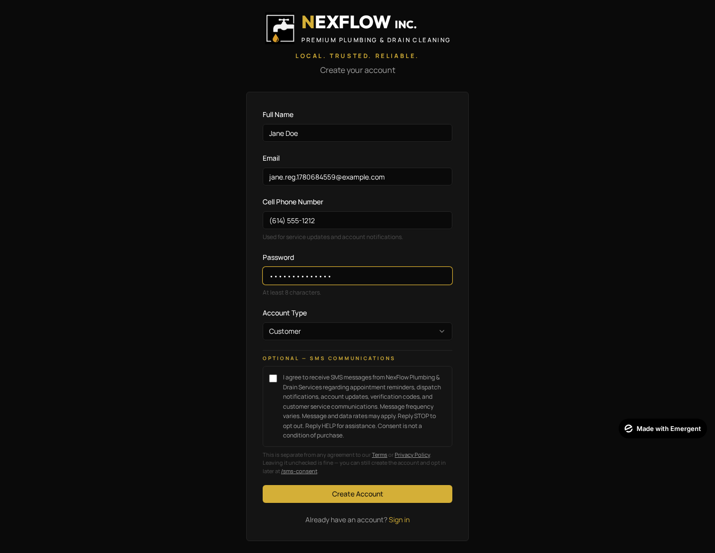 4. Registration form with SEPARATE SMS consent