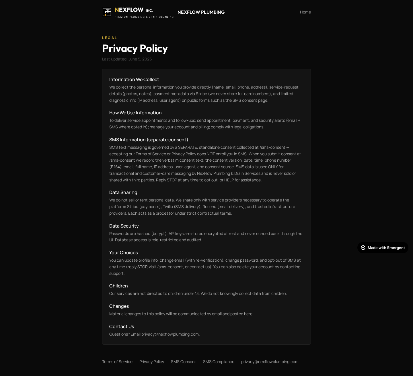 6. Privacy Policy — SMS data handling